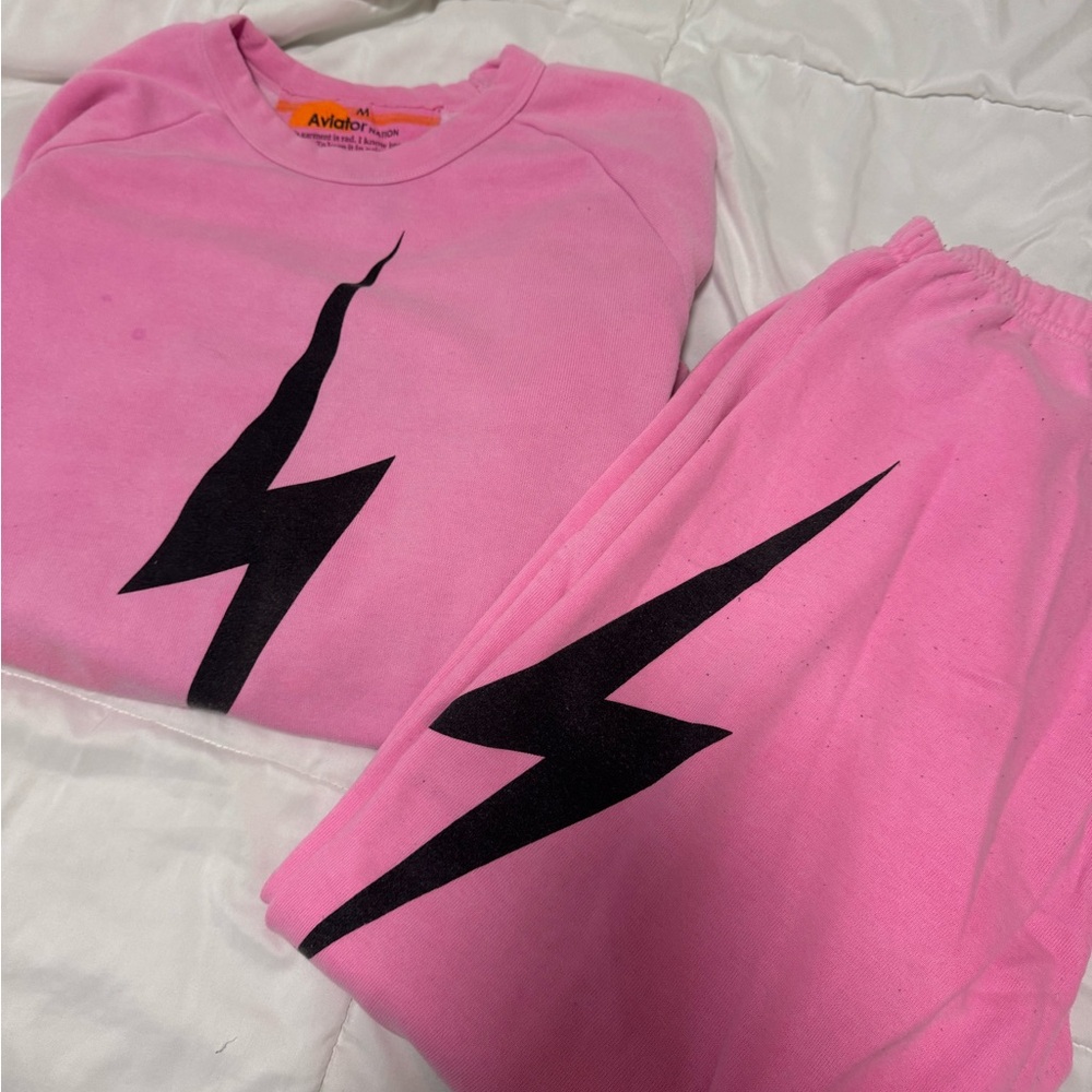 Aviator Nation Matching Set Bolt Sweatpants and Crewneck in Neon Pink